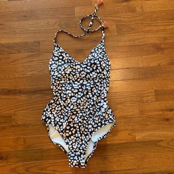 New JESSICA SIMPSON Leopard Animal Print Tassel One Piece Swimsuit Black Tan M - Picture 4 of 8